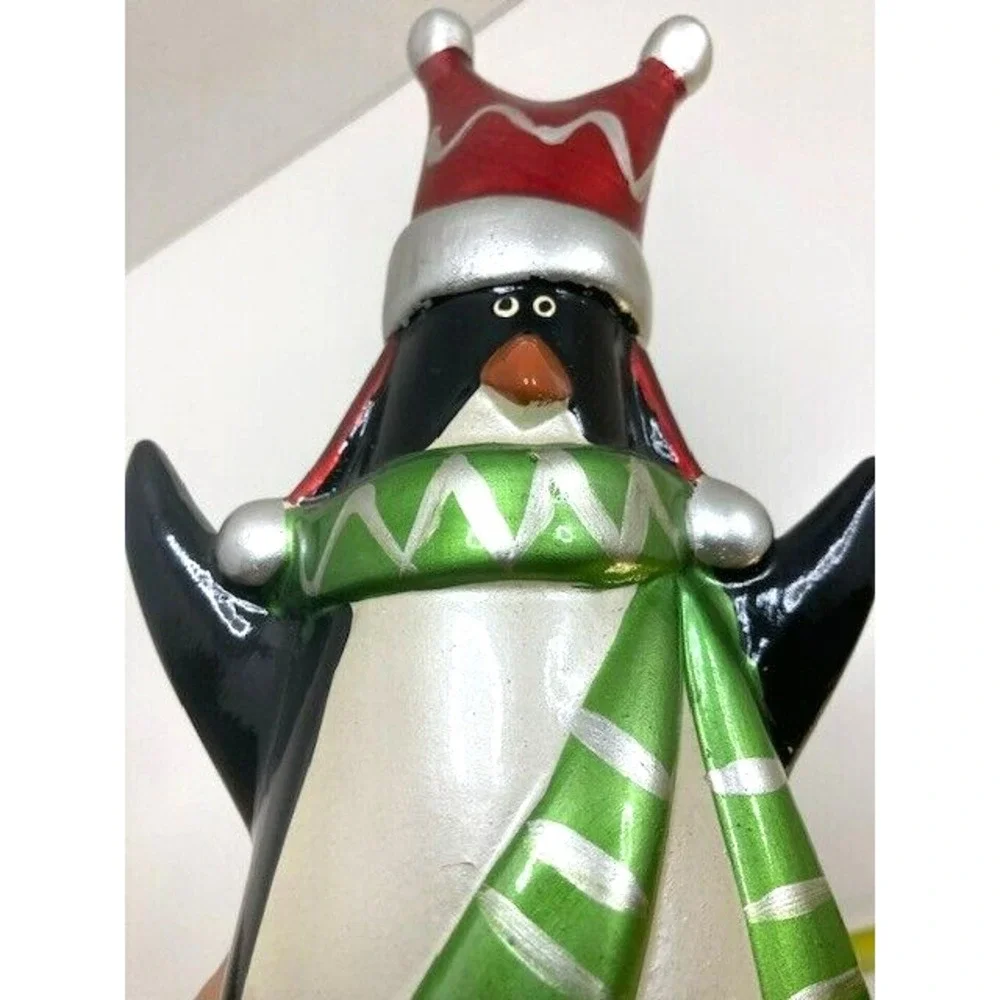 Vtg Pier 1 Penguin Figurine Red Hat Green Scarf Christmas Winter Decor 11 Inch